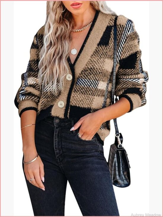Sweaters - Plaid Fuzzy Knit V-Neck Button Down Cardigan Sweater Cozy Long Sleeve